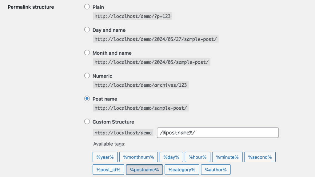 Select permalink structure