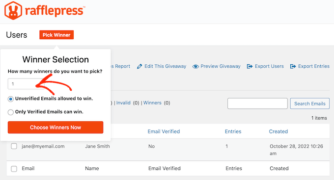 Picking a winner at random with RafflePress