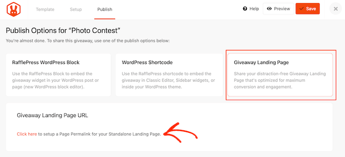 Publishing a giveaway to a landing page
