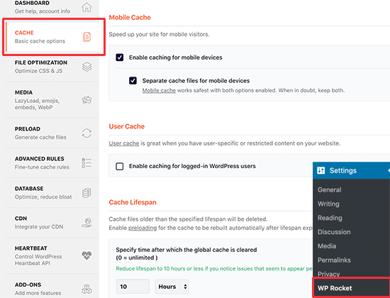 Setting up cache in WP Rocket