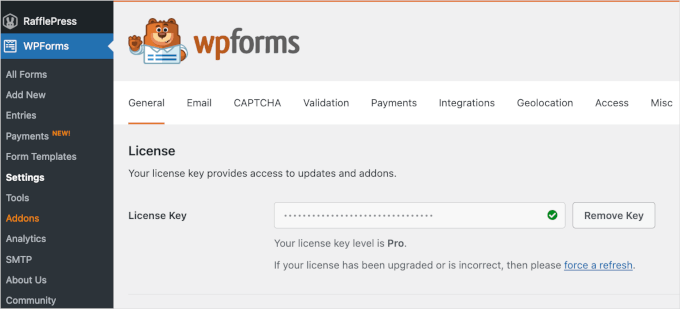 Enter WPForms license key