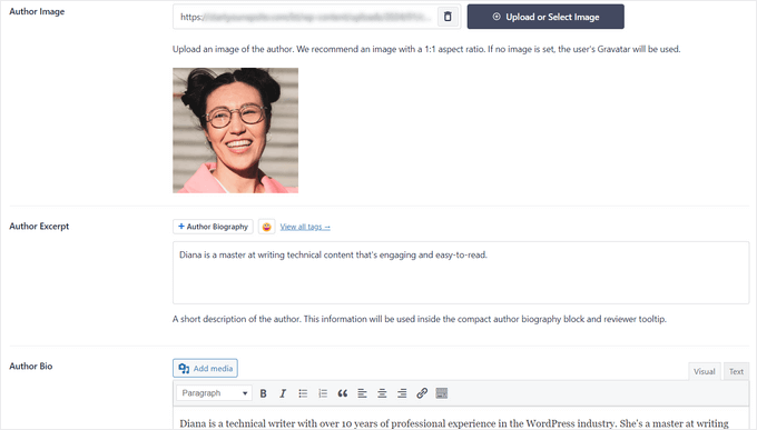 Add author bio and image