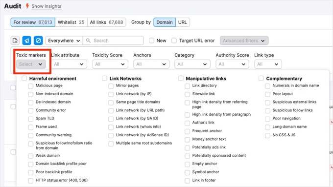 Semrush Toxic Markers for Backlinks