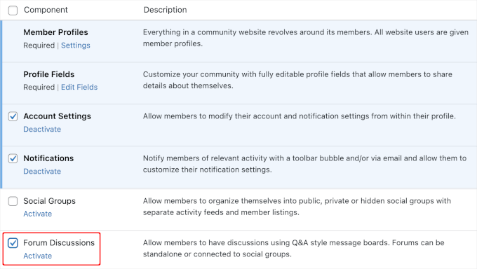 Activating BuddyBoss' forum discussions component