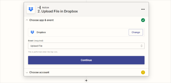 Choose Dropbox action event