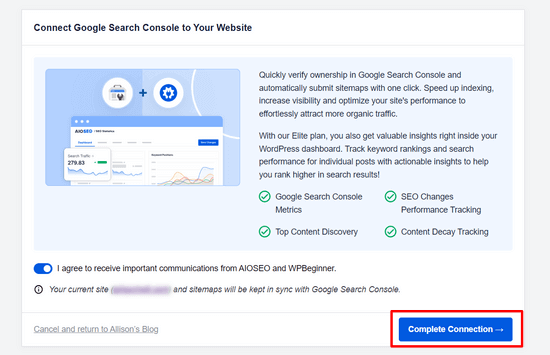 Complete the AIOSEO and Google Search Console connection