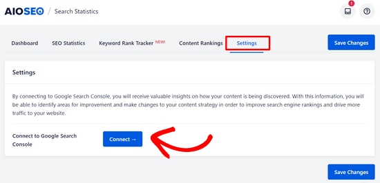 Click Connect on the Search Statistics Settings page