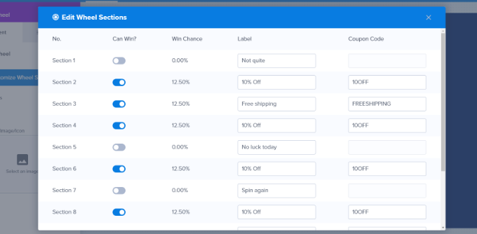 Edit wheel sections