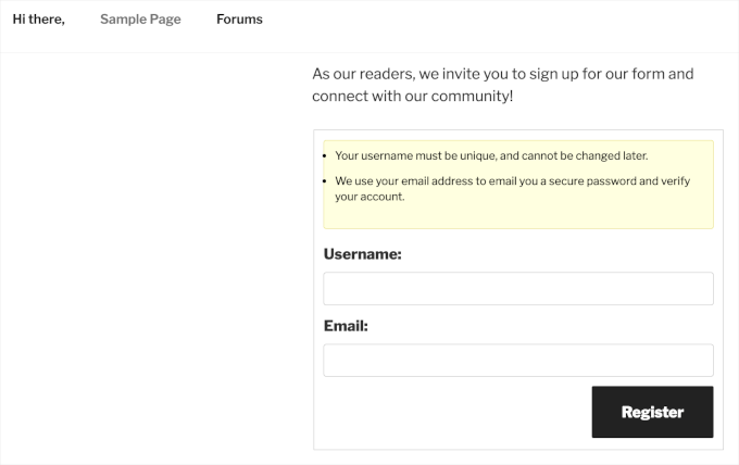 The bbPress user registration page