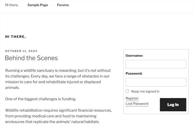 Login form with register and reset password links