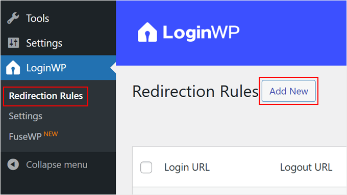 Creating a new redirection rule in LoginWP