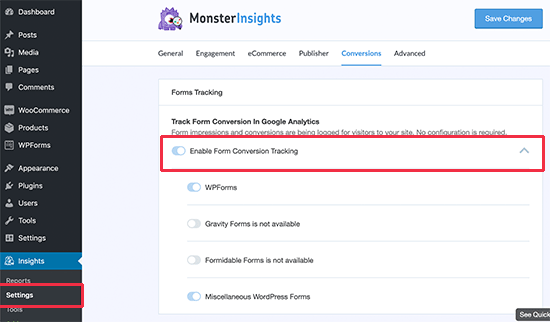 MonsterInsights 表单转化跟踪