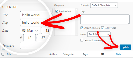 quick edit the slug in wordpress