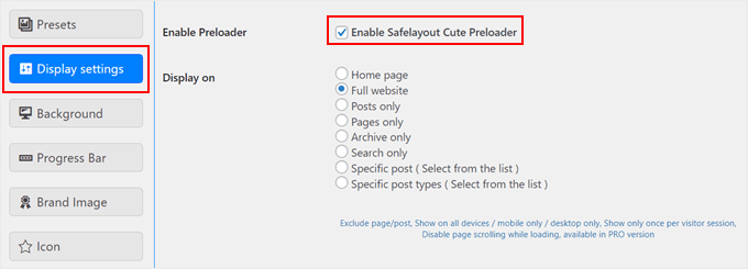 Enabling the preloader animation for the entire website with the Safelayout Cute Preloader plugin