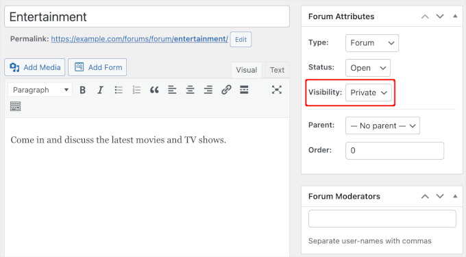 Changing the bbPress forum visibility settings