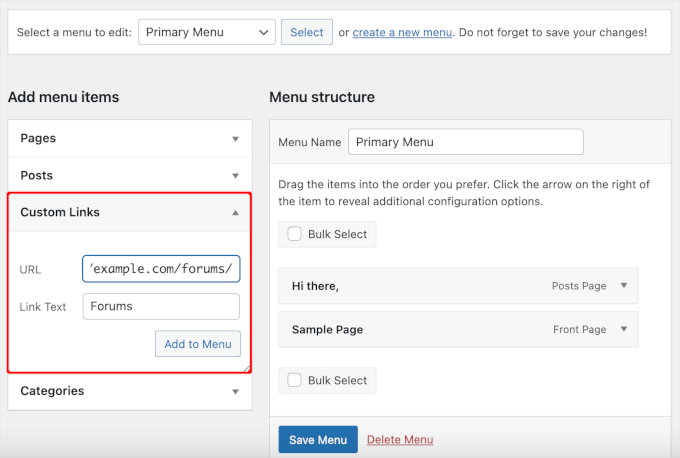 Adding custom forum links to a WordPress menu