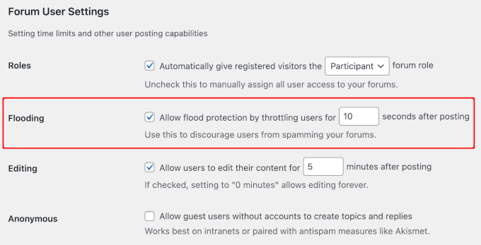 The bbPress Flooding settings