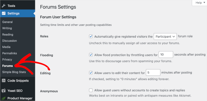 Forum settings page