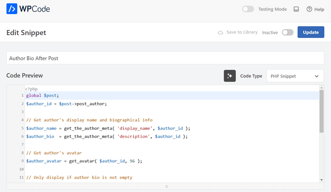 WPCode automatically adds the author bio snippet