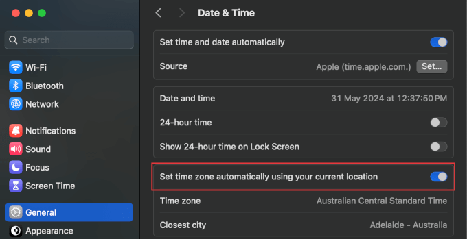 Select automatic time settings on Mac