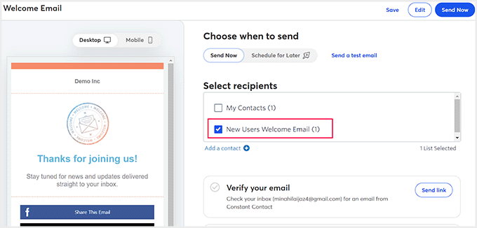 Choose email list and click the 'Send Now' button