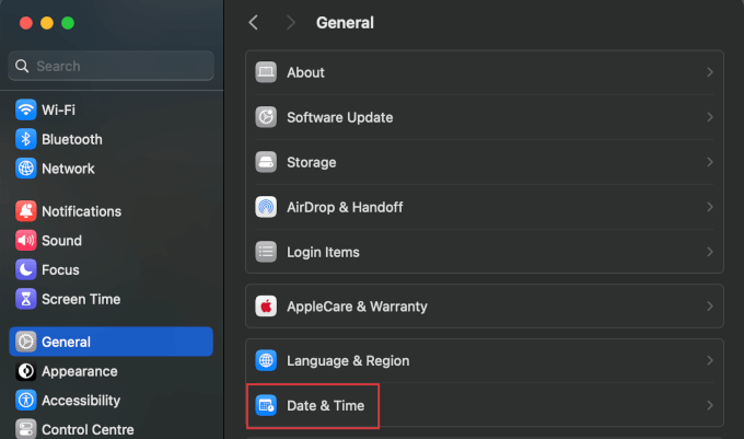 Date and time settings on a Mac