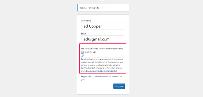 Preview of the checkbox to join the email list