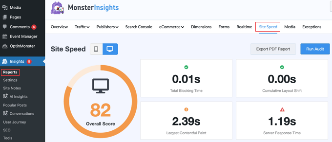 MonsterInsights Site Speed