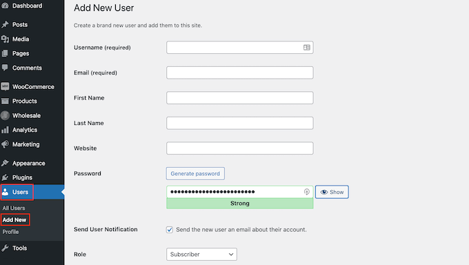 Adding a new user in WordPress