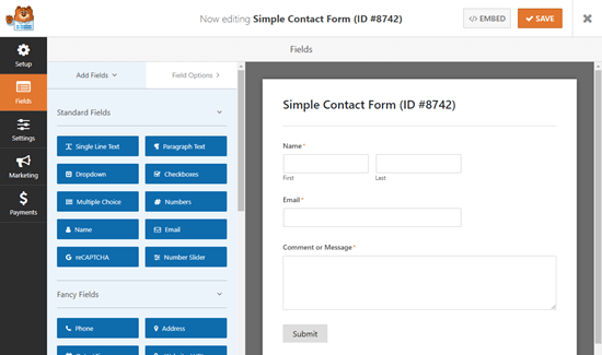 The default simple contact form, showing fields for Name, Email, and Message