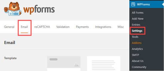 The email settings in WPForms