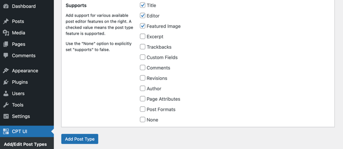 Check the Supports Options You Want to Include