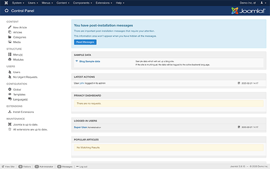 Painel do Joomla após uma nova instalação