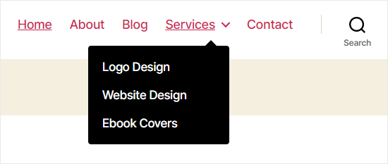 A drop-down sub menu in the site's navigation