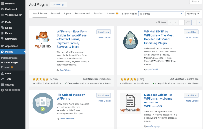 WPForms plugin search results