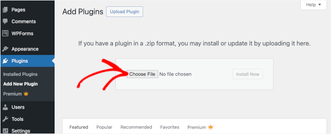 Select plugin zip file to upload and install in WordPress