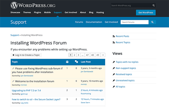 Fóruns de suporte do WordPress