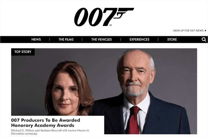 The Official James Bond Website's homepage