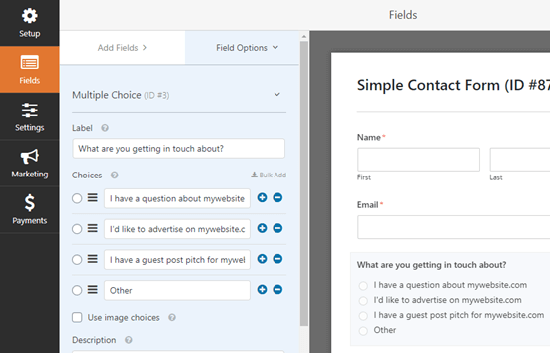 Add the WPForms multiple choice field