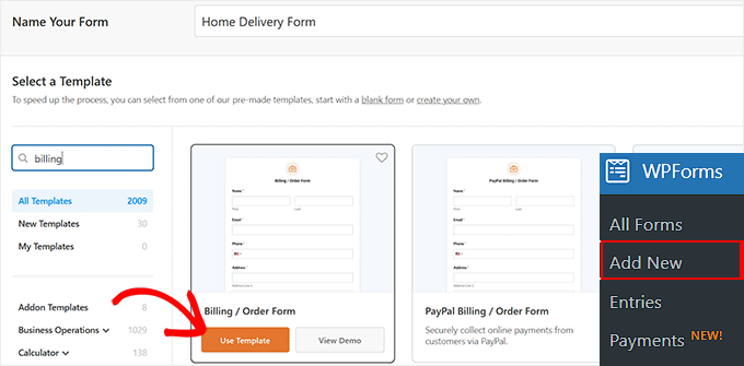 Add order form template