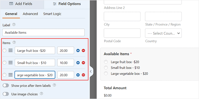 Edit the Available Items field