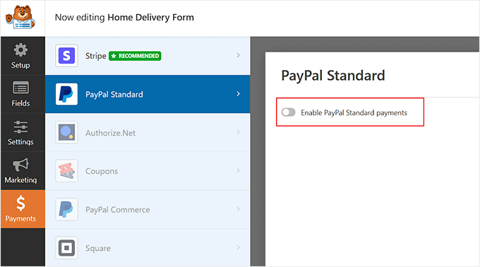 Enable PayPal Standard payments