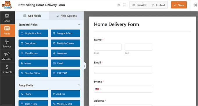 Order form in the WPForms drag and drop editor