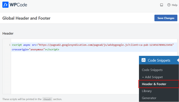 Paste Google Adsense code in the header using WPCode