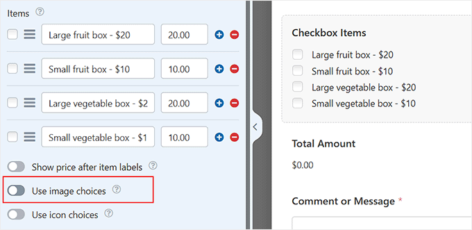 Toggle Use Image Choices switch