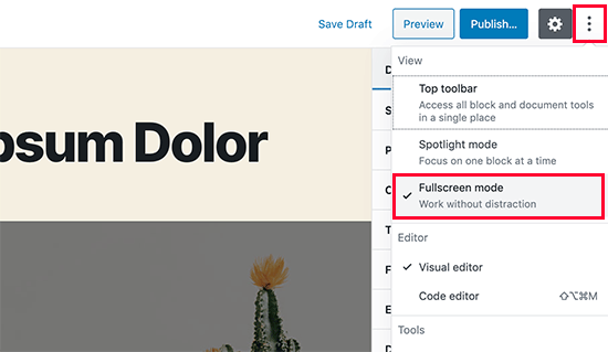 Turn off fullscreen mode in WordPress
