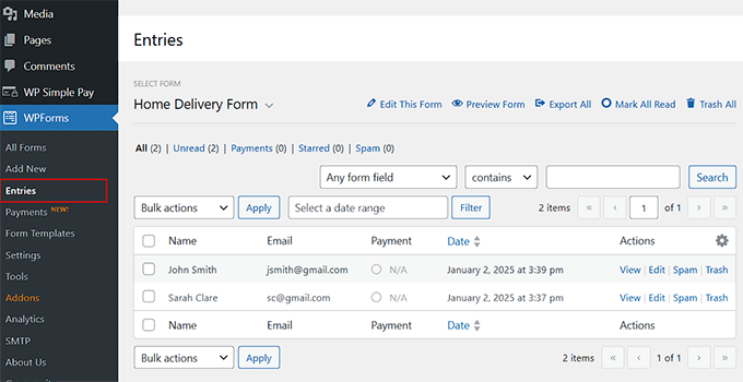 View order form entries