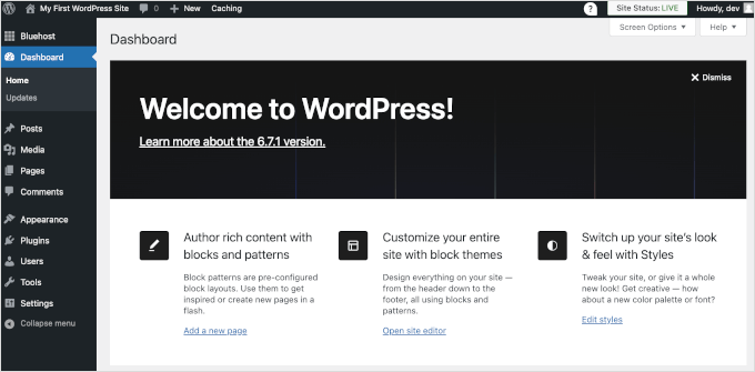 WordPress dashboard