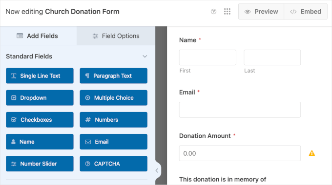 Editing WPForms' church donation form