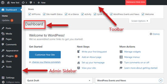 Admin area dashboard Screen Options